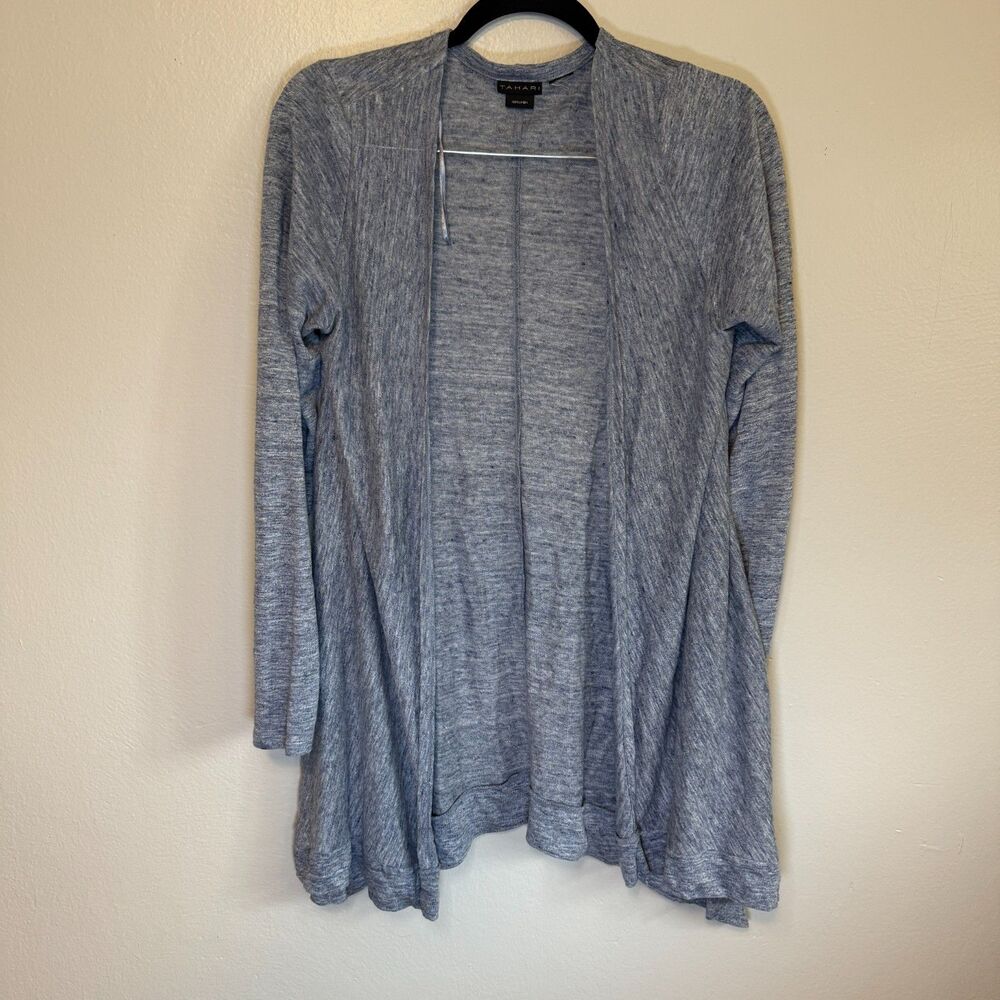 Tahari 100% Linen Sweater Cardigan Womens Large Blue Knit Open Front Asymmetric